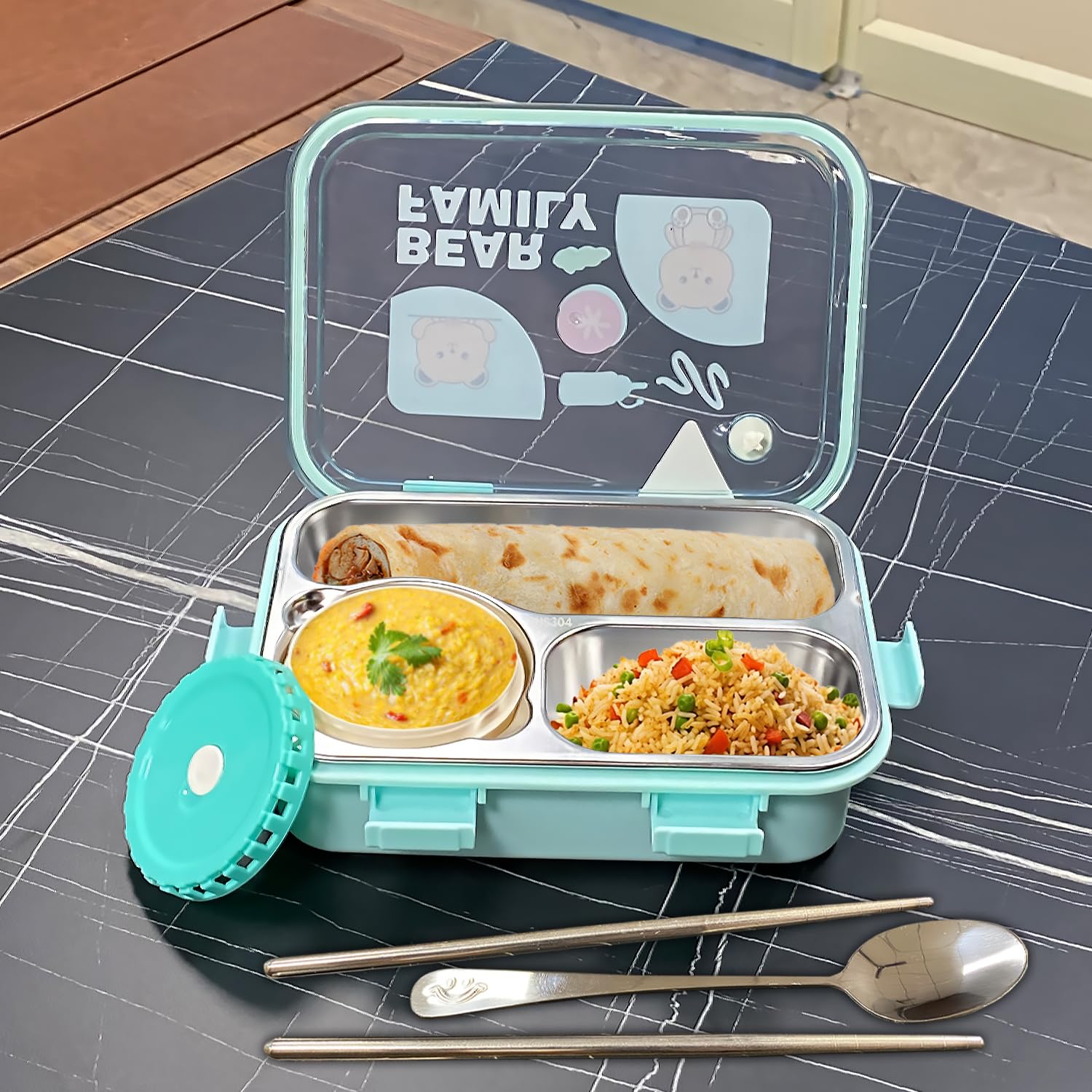Green Days Lunch Box – 800ML Stainless Steel, 3 Compartment + 1 Cup | Leak-Proof & Insulated Tiffin for Kids & Adults